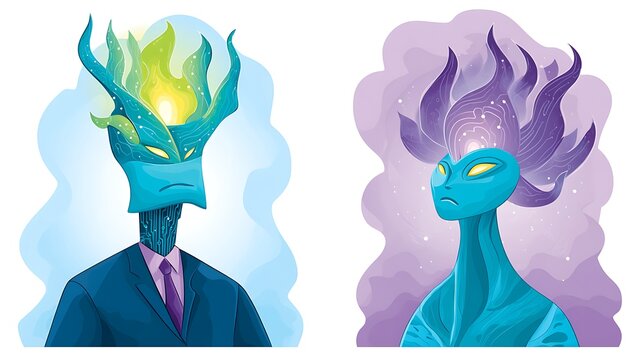 Two ethereal alien figures one in a suit, both glowing with cosmic energy and stoic expressions