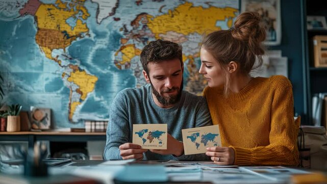 Happy young couple looking at travel destinations in a guidebook, smiling and planning a vacation adventure. Cozy library setting with world map in the background. Concept of romantic trip planning.