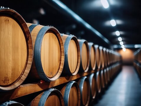 Wine barrels lined up in a dimly lit cellar, aging premium vintages to perfection