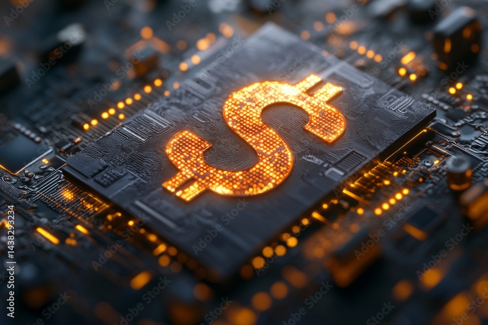 Poster dollar sign made of lights rising from computer microchip representing digital currency and online p