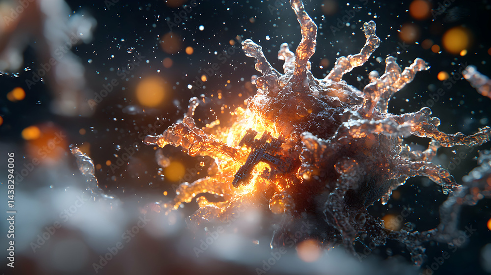 Poster an abstract digital rendering. it resembles a cell structure or possibly a virus. uses fire and ligh