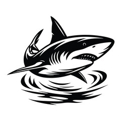 Fototapeta premium Fierce Shark Silhouette Black and White Design with Sharp Teeth and Swirling Water