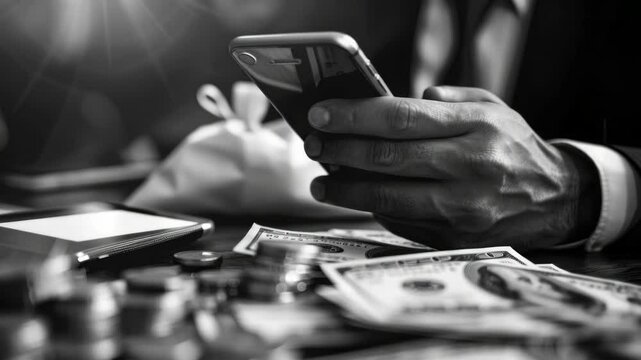 A man is looking at his cell phone while sitting at a table with a pile of money and coins