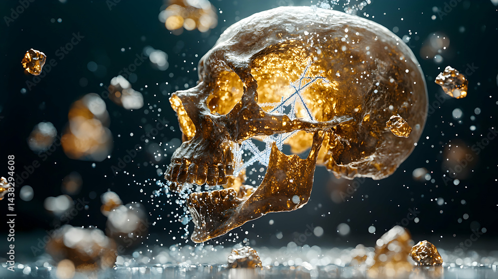 Poster a golden skull with an esoteric symbol in the center surrounded by particles suggesting transformati