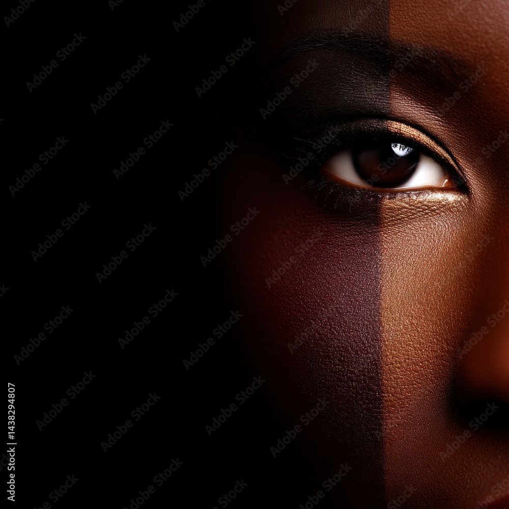 Aufkleber close-up of dark-skinned face partially hidden in shadows with narrow vertical light slit revealing 
