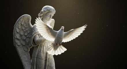 Fototapeta premium Angel statue holding a dove against a dramatic dark background