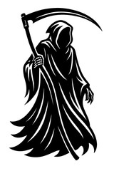 Grim Reaper Illustration with Scythe - Black and White Figure of Death