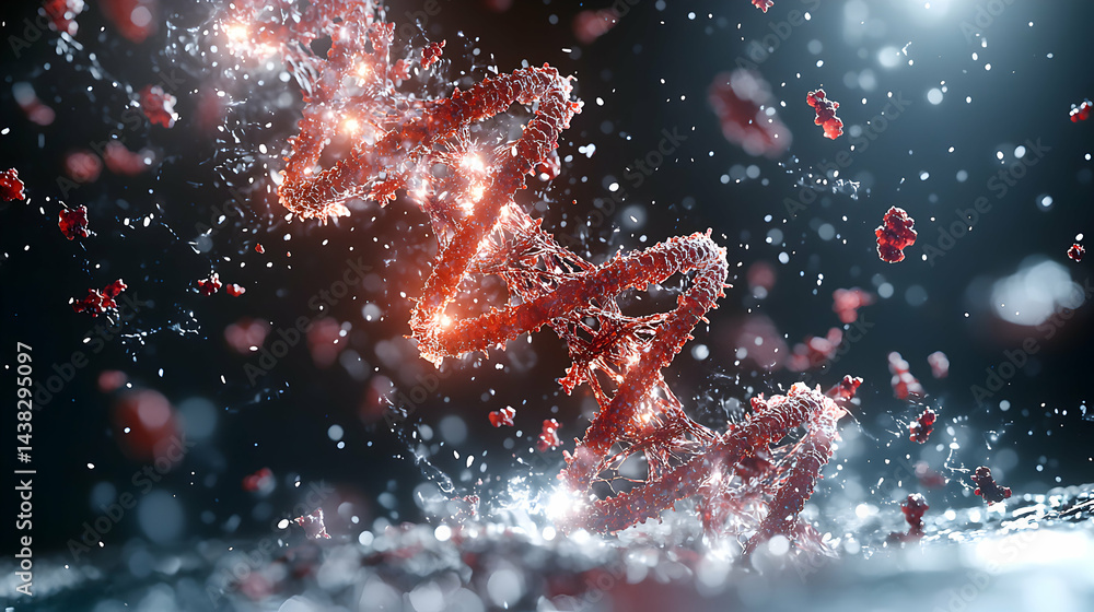 Poster abstract illustration of dna structure with surrounding particles. ideal for science educational mat
