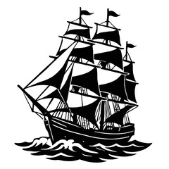 Sailing Ship Illustration with Full Sails on Waves - Black and White for Travel, Sea, or Graphic Themes
