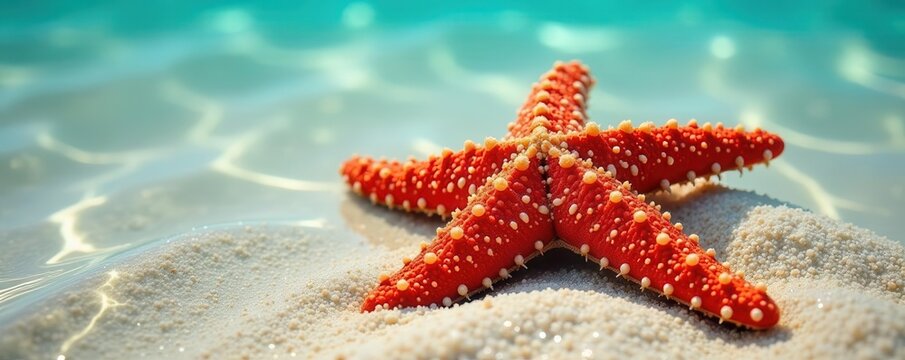 Red starfish on sandy seabed, clear shallow water , sea bottom, beach