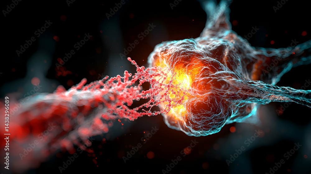 Poster this image depicts a close-up view of a neuron synapse showing electrical impulses and neural commun