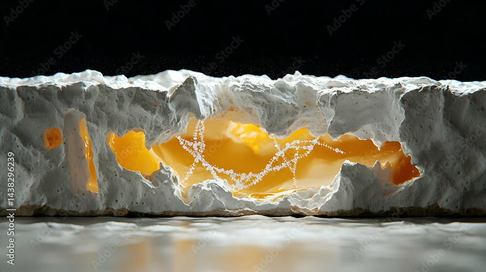 Poster an artistic macro shot of a porous material with liquid inside. this could be used for culinary phot