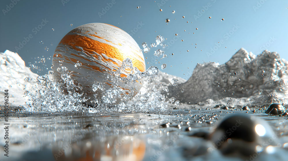 Aufkleber a fantastical scene showing a planet-like sphere with orange bands emerging from water creating a sp