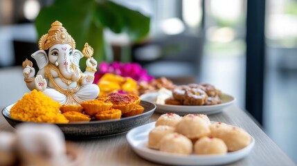 A decorative plate with a Ganesha idol and Diwali sweets. Auspicious symbols.