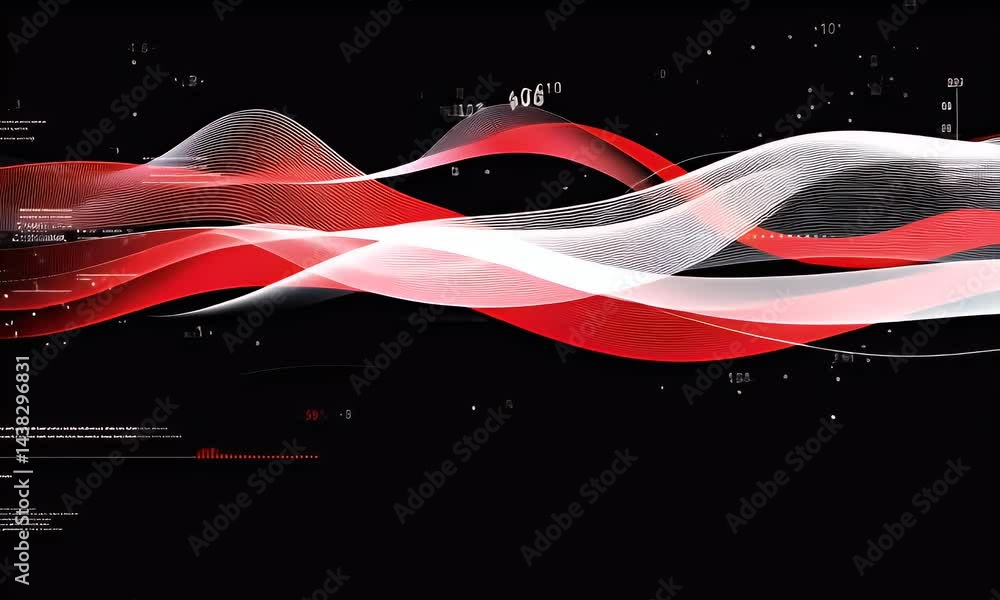 Poster red and white waves, vector graphic design with a black background, in a futuristic style. the waves