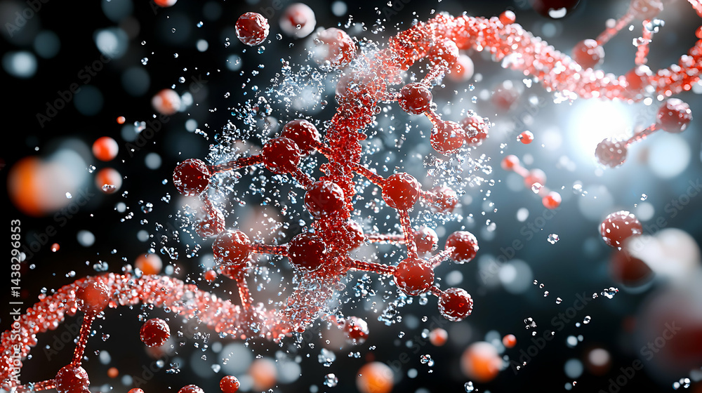 Poster an abstract image of molecular structures with red spheres. used to represent genetics research or s