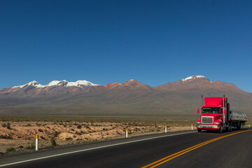 ROAD TO AREQUIPA, WITH SNOW-COVERED MOUNTAINS AND VOLCANOES, A TYPICAL NATURAL LANDSCAPE OF THE PERUVIAN ANDES