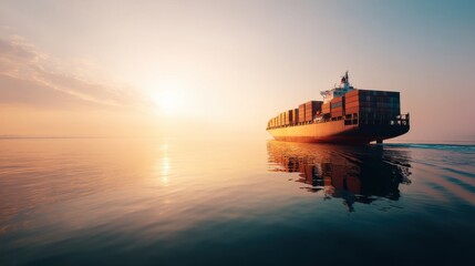 Cargo Ship Sailing Across Ocean at Sunrise, Symbolizing Global Commerce and Trade Expansion