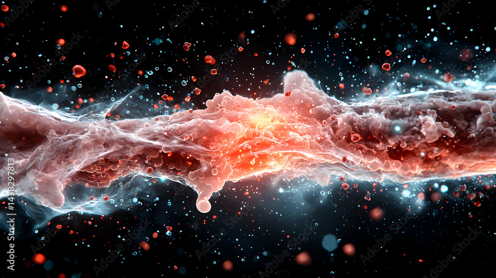 Poster microscopic view of a biological structure with vibrant colors and particle effects. ideal for scien