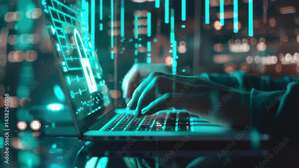 Poster a person is typing on a laptop with a green screen that has a lock symbol on it. concept of security