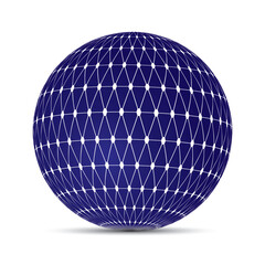 geometric sphere with connected triangular mesh network on dark blue background, digital 3d illustration