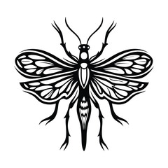 Detailed Insect With Intricate Wings And Antennae in Black and White Style