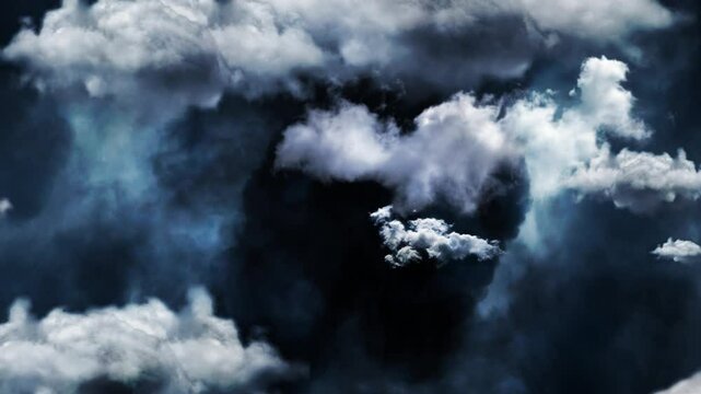 Flight Into the Primordial Soup 4K Loop features a fade-in view flying through a dark blue sky with clouds toward a dark turbulent cloud in the distance and fade to black in a loop.