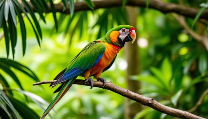 Obraz premium Vibrant Macaw Perched on Branch in Lush Tropical Foliage