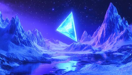 Glowing blue crystal pyramid hovers over a surreal, icy, alien landscape under a starry night sky
