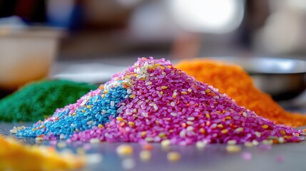 Fototapeta premium A pile of colorful rice grains ready to be used for Diwali rangoli decoration. Preparation stage.