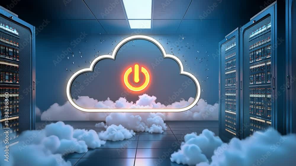 Poster cloud computing graphic with power symbol in server room