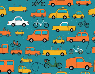 Seamless Pattern with Cute Hand-Drawn Vehicles, Including Cars, Trucks, and Bicycles for Children's Textile Design.