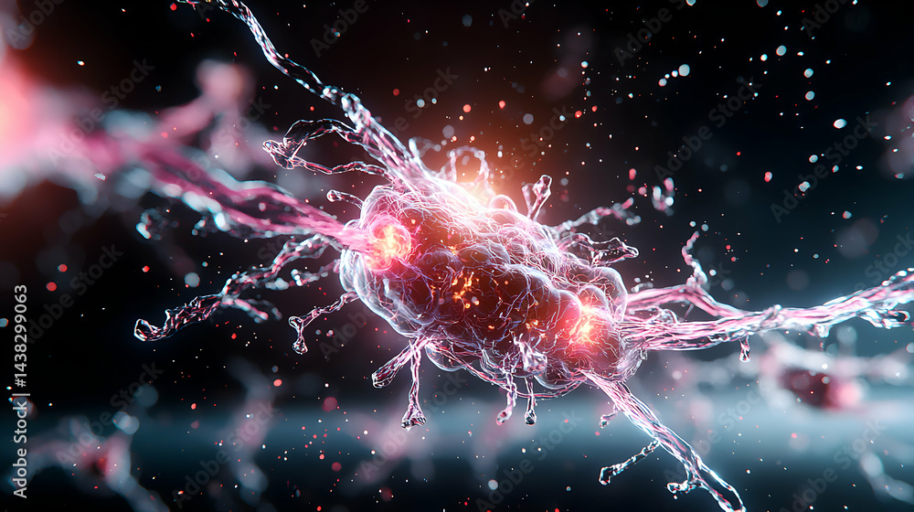 Poster a detailed depiction of a neural network with energy bursts and liquid-like structures in a dark bac
