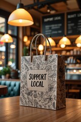 beige shopping bag with "support local" text and floral doodles, standing on a wooden table in a cafe
