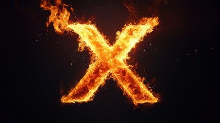 Fiery letter X burning against dark background; design element