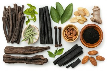 Assorted natural ingredients, herbs, and powders arranged on white background