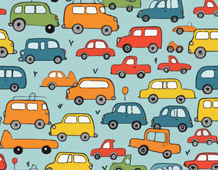 Seamless Pattern with Cute Hand-Drawn Vehicles, Including Cars, Trucks, and Bicycles for Children's Textile Design.