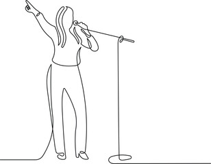 Female jazz singer in continuous line drawing style. Minimalist black linear sketch isolated on white background. Vector illustration.
