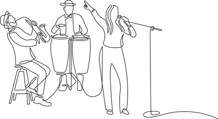 Jazz band on stage with female singer in continuous line drawing style. Minimalist black linear sketch isolated on white background. Vector illustration