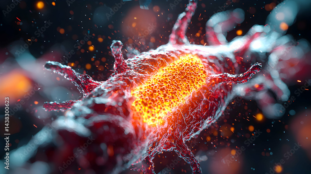 Poster a detailed macro image depicts a vibrant fiery cell. it resembles biological structures offering pos