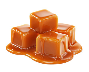 Sweet caramel cubes isolated on white background. Melting caramel cubes with smooth caramel liquid sauce. Caramel candies.