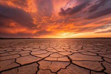 Stunning Sunset Over Cracked Earth with Vibrant Clouds and Dramatic Colors in Desert Landscape
