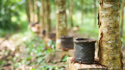 Naklejka premium Rubber tree tapping process in plantation with collecting pots in focus during the afternoon sunlight