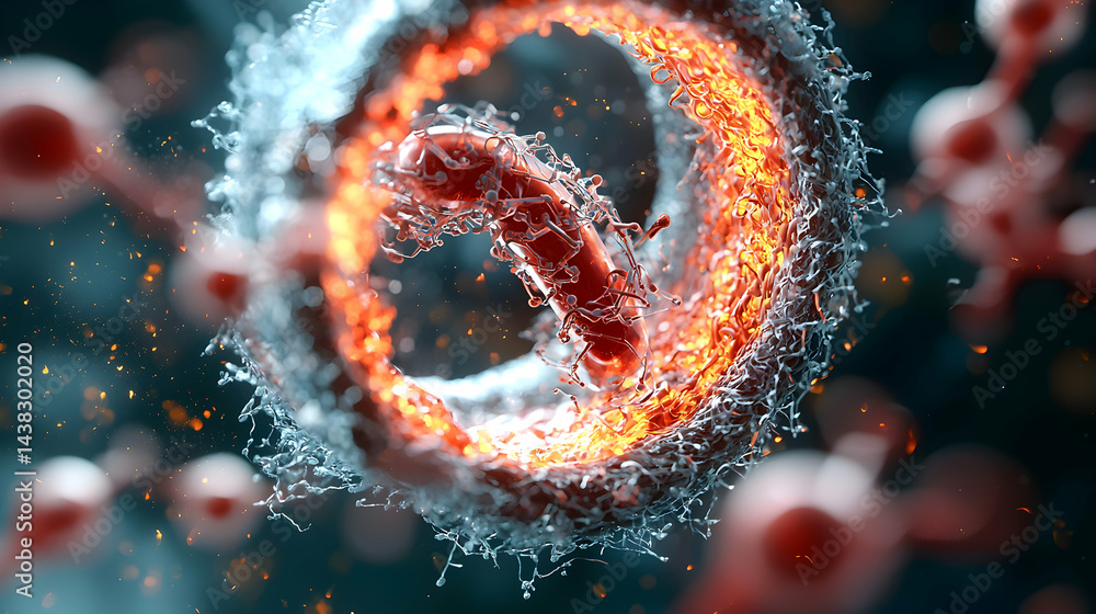 Poster an artistic rendering of a microscopic structure. depicts cellular detail with glowing elements. pot