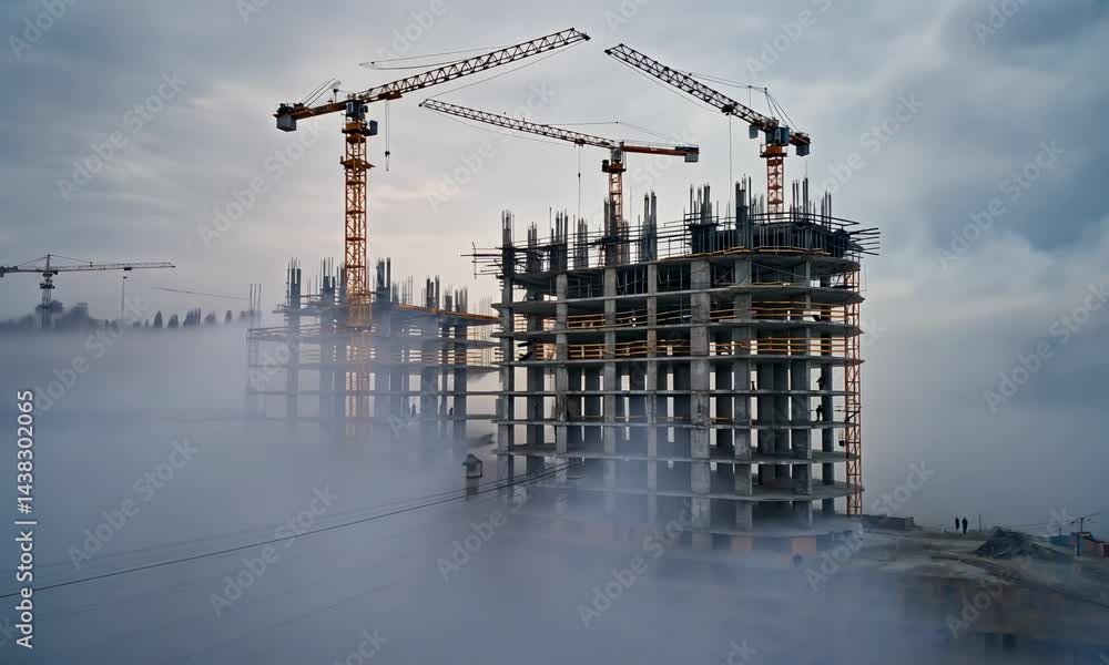 Poster construction site with cranes, scaffolding, and half-built structures, workers in the background wea