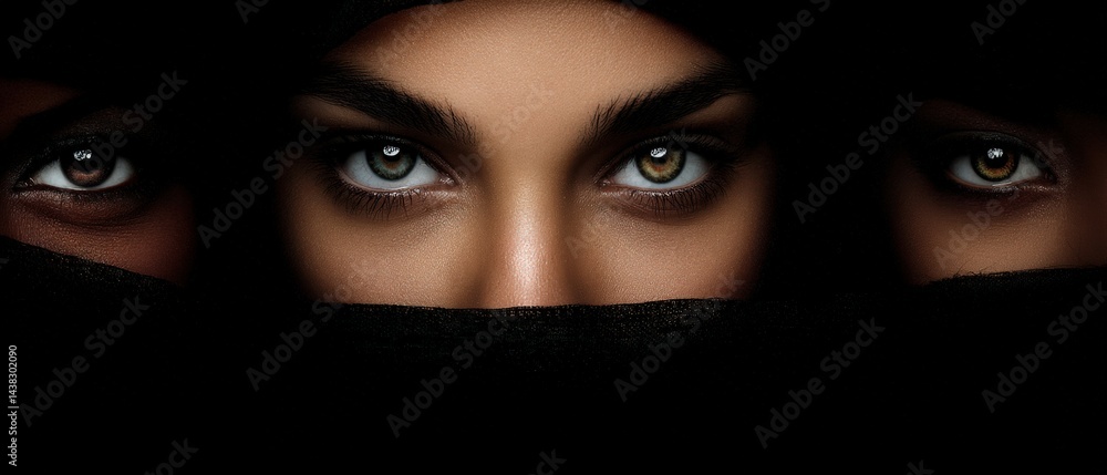 Poster conceptual portrait of partially obscured faces peeking through darkness with only eyes visible crea