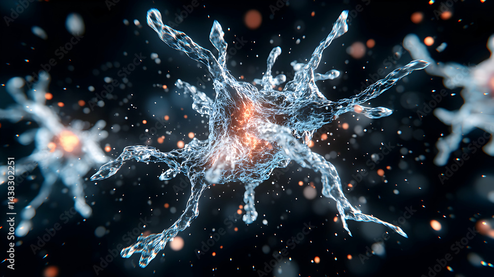 Poster a stunning 3d render of a neuron in the brain with detailed water-like structures and glowing center