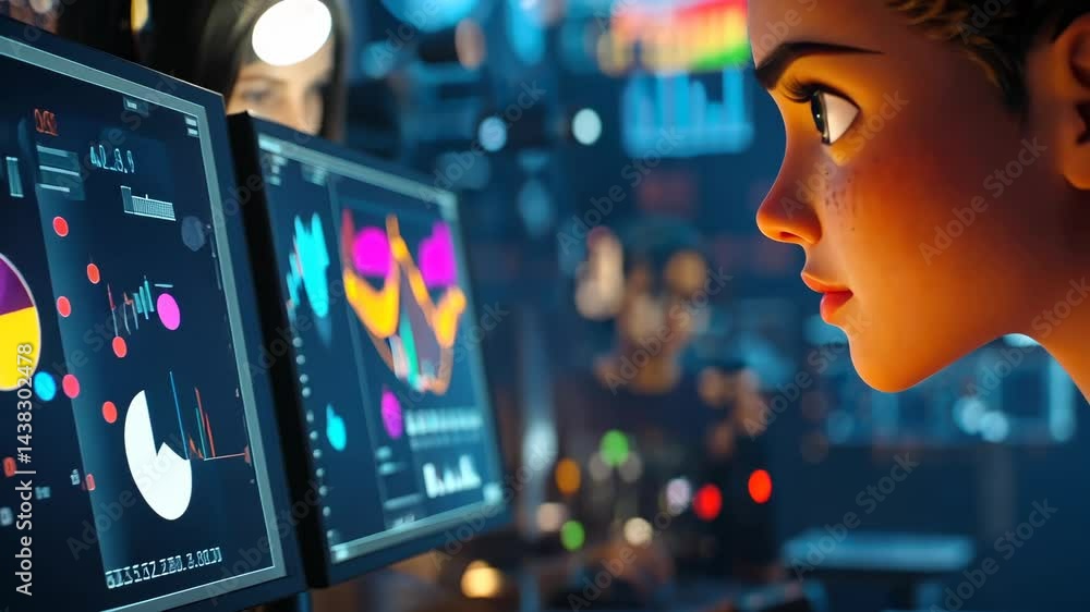 Poster focused female analyst monitors dynamic data visualizations in hightech control center