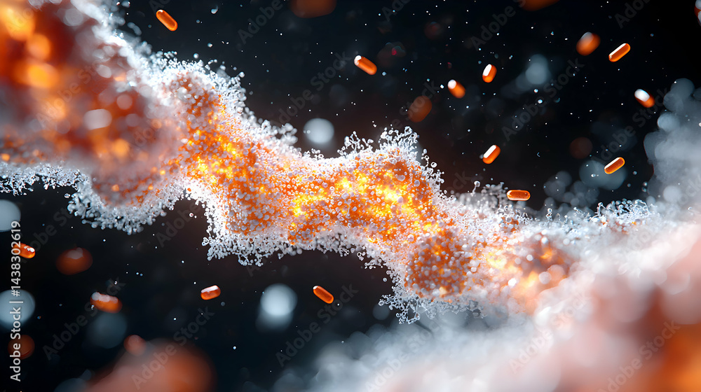 Poster abstract orange and white molecular structures floating in space possibly representing a biological 