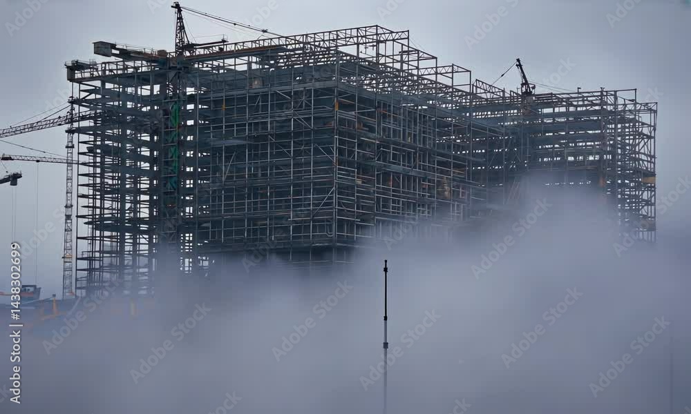 Poster construction site with cranes, scaffolding, and half-built structures, workers in the background wea